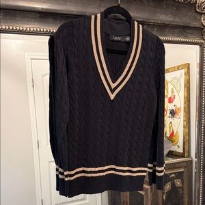 Ralph Lauren Black V-Neck Sweater with metallic Gold Accents